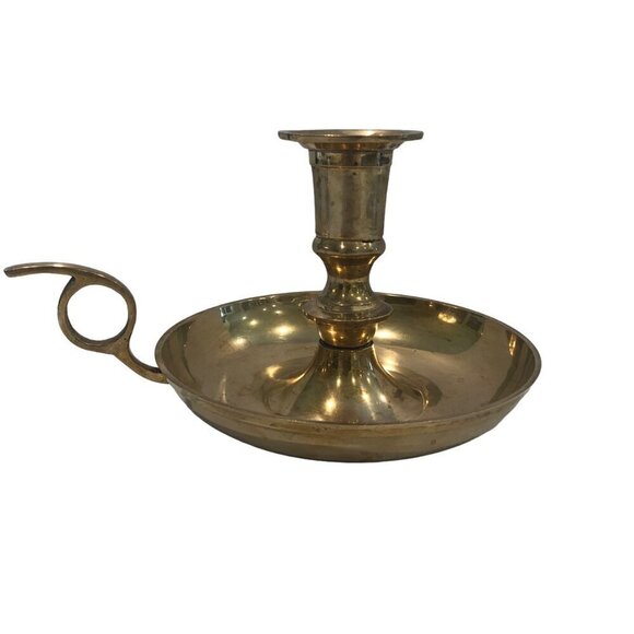 Vintage Brass Candlestick Candle Holder Drip Tray Finger Hole Large 5" Heavy - Picture 3 of 8